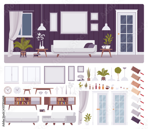 Living room interior, home, office creation set, comfort and classic elegance, kit with furniture, constructor elements to build own design. Cartoon flat style infographic illustration, color palette