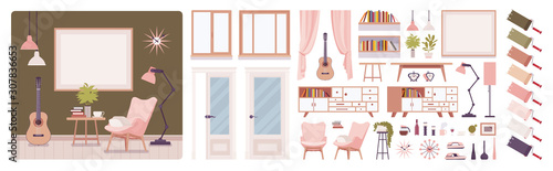 Living room interior, home, office creation set, comfort and classic elegance, kit with furniture, constructor elements to build own design. Cartoon flat style infographic illustration, color palette