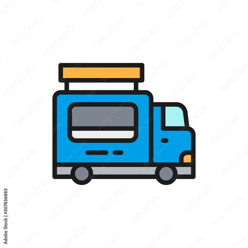 Catering food trailer, fast food truck flat color line icon. Catering food trailer, fast food truck flat color line icon.