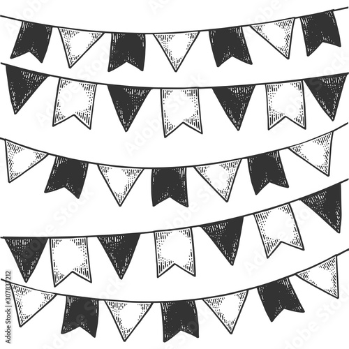 Christmas decoration flags sketch engraving vector illustration. Scratch board style imitation. Black and white hand drawn image.