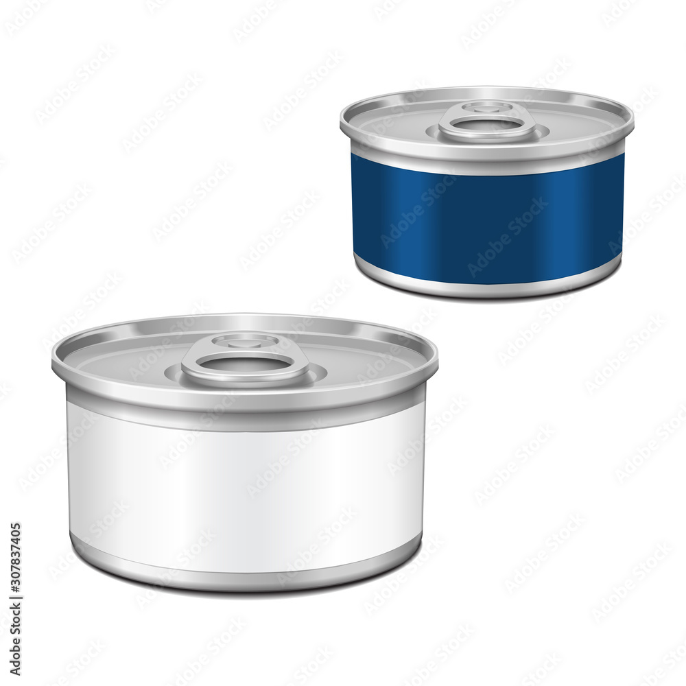 Low-profile tin can with opener. Packaging template. Vector illustration example on white background Low-profile tin can with opener. Packaging template. Vector illustration example on white background