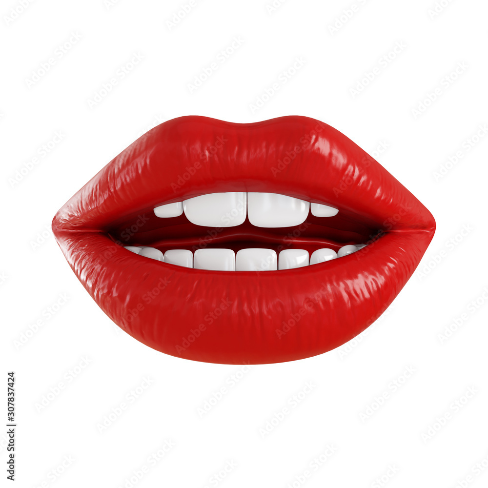 Obraz premium Open mouth with red glossy lips and white teeth on an isolated background. 3d rendering