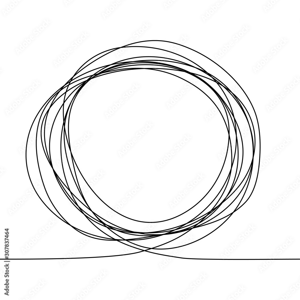 Continuous one line drawing of an round frame in the sketch technique of a constant black outline. Grunge rough shapes imitating a trace of a pencil on a white BG. Vector stock illustration. For text Continuous one line drawing of an round frame in the sketch technique of a constant black outline. Grunge rough shapes imitating a trace of a pencil on a white BG. Vector stock illustration. For text