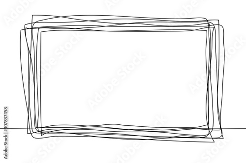 Continuous one line drawing of an rectangular frame in the sketch technique of a constant black outline. Grunge rough shapes imitating a trace of a pencil on a white BG. Vector stock illustration. For