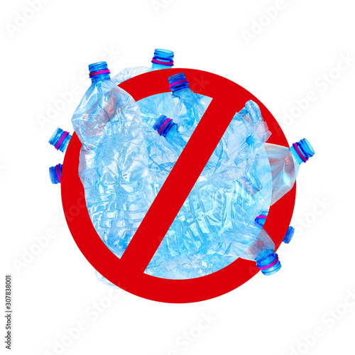 Stop plastic prohibition sign on white background. Waste recycling and pollution concept