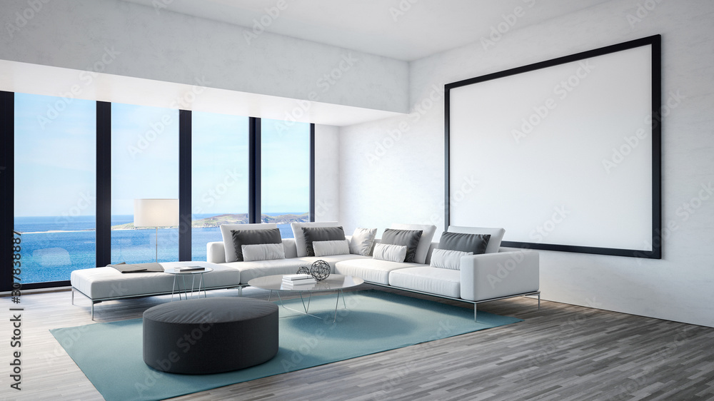 Luxury living room interior with seascape view. 3d Rendering
