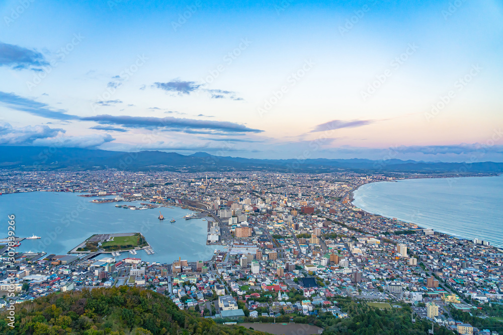 View from Mt. Hakodate observation deck in sunset time, famous scenic spot in the world. Hakodate City, Hokkaido, Japan