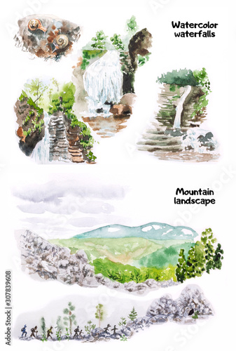 Watercolor mountain landscape and waterfalls