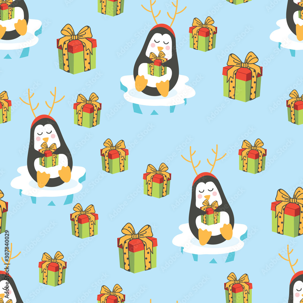 Fototapeta premium Christmas Penguins with Gifts Vector Seamless Pattern