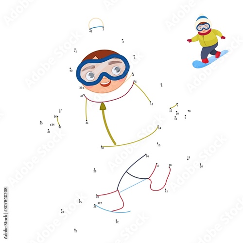 Educational game for kids. Dot to dot game for children. Illustration of a cute boy snowboarding. Winter activities.