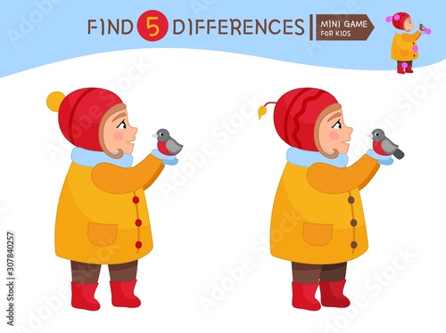 Find differences.  Educational game for children. Cartoon vector illustration of cute girl holding a bullfinch.