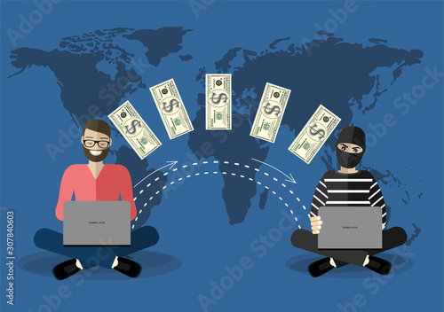 Cyber thief, internet scammer. Thief steals money from online wallet, credit card. Poster for web page, banner, presentation, social media. Flat design vector illustration