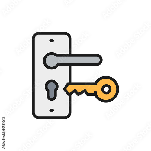 Door handle with key, lock flat color line icon.