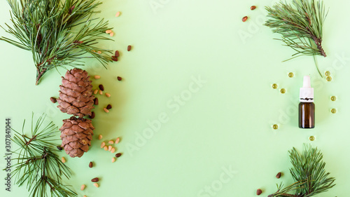 concept of natural cosmetics, pine cones with nuts and a bottle of oil on a green background