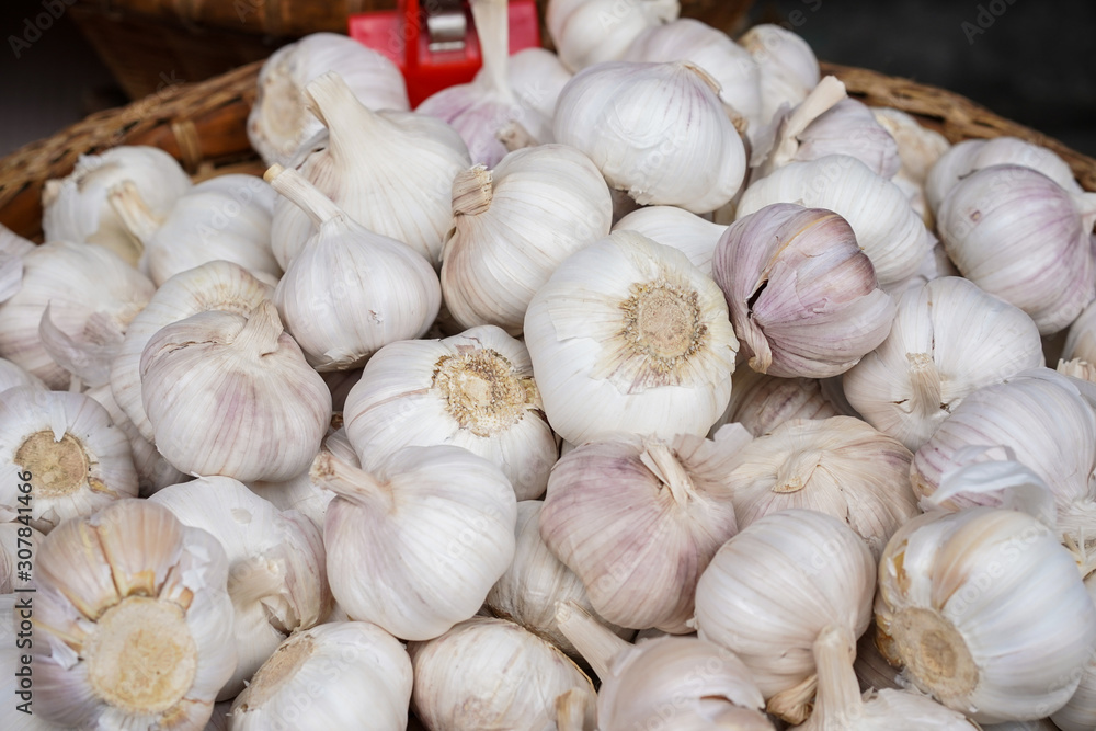 Fresh garlic bulbs in bracket close up, garlic surface texture background. Fresh garlic bulbs in bracket close up, garlic surface texture background.