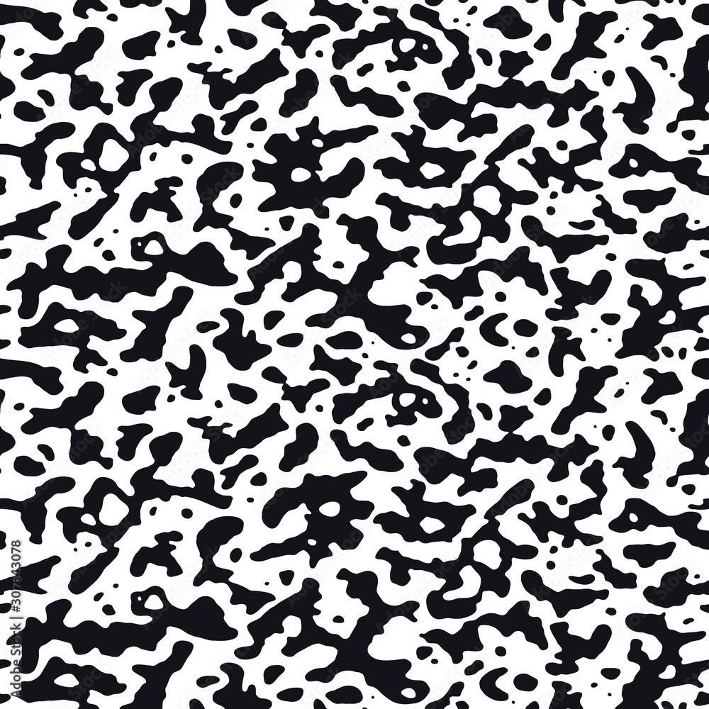 Abstract organic fluid seamless pattern. Irregular diffusion reaction. Background with organic rounded shapes. Vector illustration in black and white.