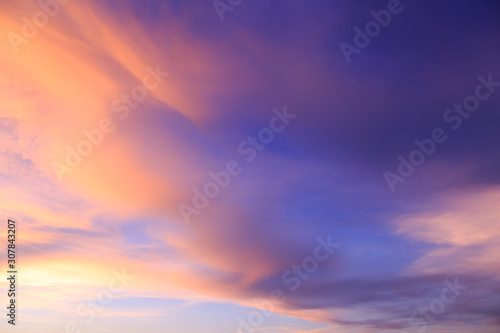 Abstract fantasy softly blue mountain clouds background, Gold fog with sun highlight on blue sky and moving cloud before sunset by airal view