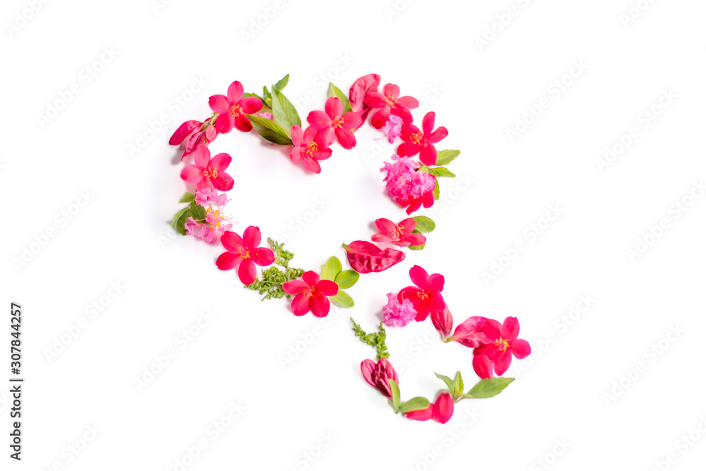 a couple two hearts made of red pink flowers arrangement isolated on white a couple two hearts made of red pink flowers arrangement isolated on white