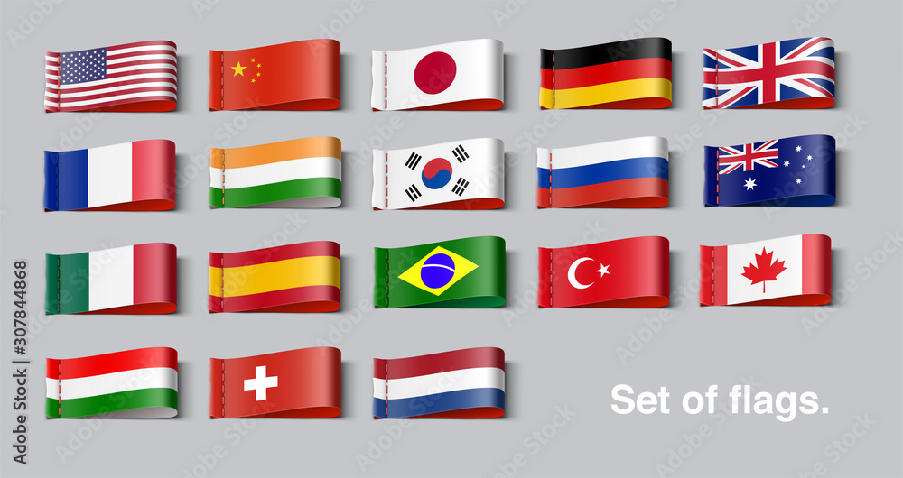 National flags of the world set. Vector illustration on grey background. Ready for your design. EPS10.