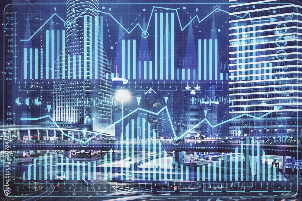 Financial chart on city scape with tall buildings background multi exposure. Analysis concept. Financial chart on city scape with tall buildings background multi exposure. Analysis concept.