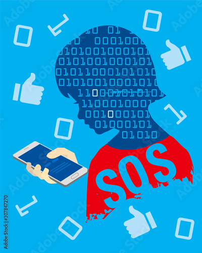    Little boy with Mobile phone dependence. Child stylized head silhouette with binary codes and  Mobile phone on blue background. Social networks addiction concept. Vector available.