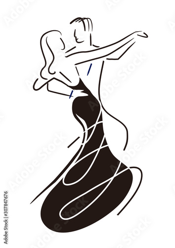 Balroom Dancers Couple. Line art stylized black illustration of couple dancing ballroom dance. Vector available.