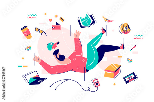 Young bearded man fall in bustle with food, device and book.