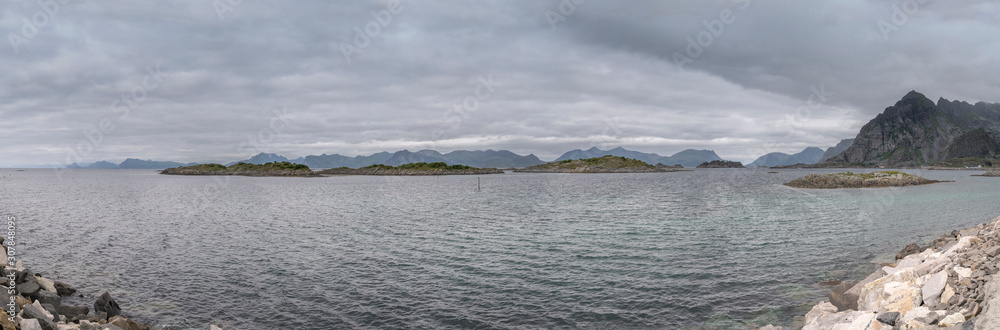 landscape of Vestvagoya island coast, from Henningsvaer,  Lofoten, Norway