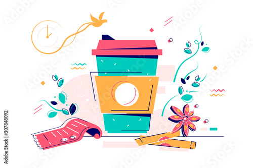 Cardboard cup of warm coffee with sugar and anise star.