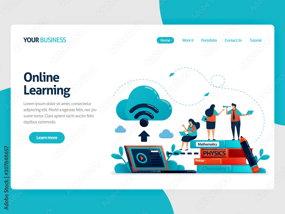 Online learning or e-learning with cloud internet database. Store schoolwork and textbook on laptops. Study modern education technology.Vector illustration, landing page, card, banner, brochure, flyer Online learning or e-learning with cloud internet database. Store schoolwork and textbook on laptops. Study modern education technology.Vector illustration, landing page, card, banner, brochure, flyer