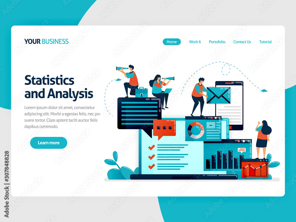 Analyze statistic and data on company report. Laptop dashboard for accounting job. Optimize mobile digital services for work. Flat vector human illustration for landing page, website, mobile, poster