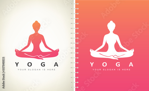 Girl in the lotus position. Padmasana. Yoga logo vector.