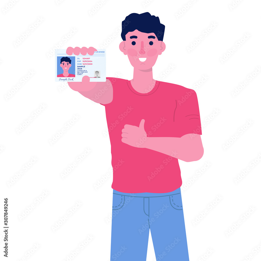 Man holding in hand car driver license plastic card. Vector illustration Man holding in hand car driver license plastic card. Vector illustration