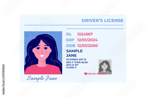 Vector template of car driver license plastic card. Vector illustration
