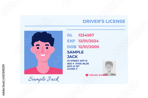 Vector template of car driver license plastic card. Vector illustration
