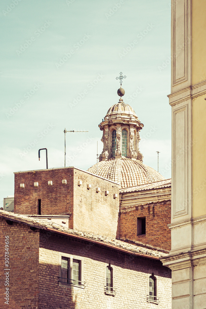 Rooftops in Rome with church dome