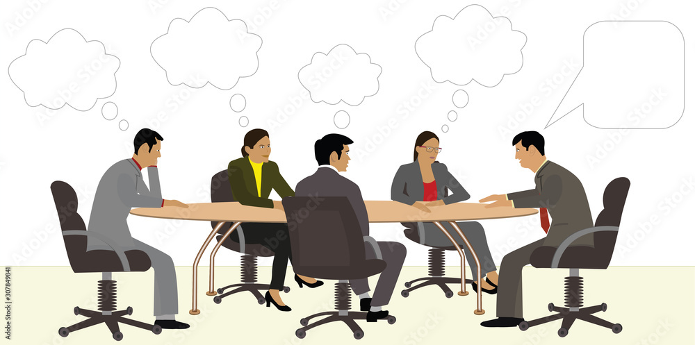 A corporate meeting scene with speech bubble and think bubbles
