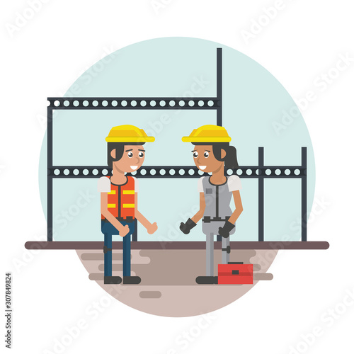 couple of builders working under construction scene