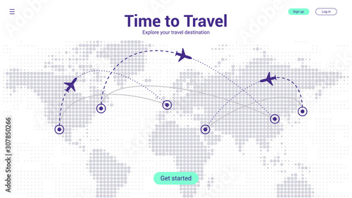 Travel Landing Page Concept. World Travel Map Template with Airplane and Route Destination. Violet futuristic Halftone Dots Background. Vector EPS 10