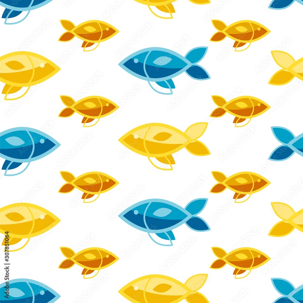Naklejka premium Seamless patterns on a white background in a flat style with elements of fish. Texture for web page, greeting cards, posters and banners. Prints on fabric and paper.