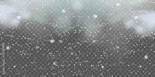 Christmas background with falling snowflakes on transparent. Vector