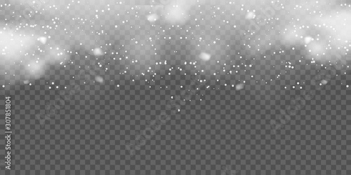 Christmas background with falling snowflakes on transparent. Vector