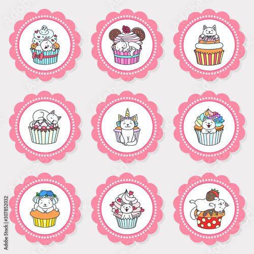 Set of cupcake toppers. Set of cupcake toppers for party with hand drawn illustration of cute kittens playing with cupcakes. Vector 8 EPS.