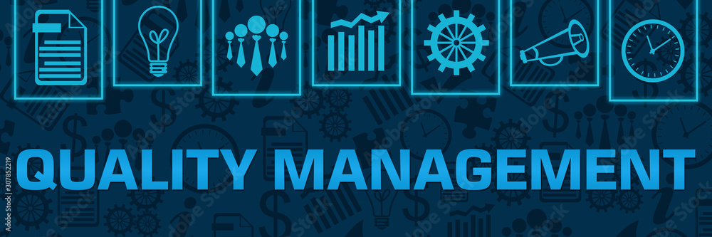 Naklejka premium Quality Management Blue Neon Business Symbols On Top Horizontal