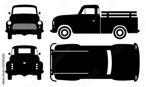 Vintage pickup truck silhouette on white background. Vehicle icons set view from side, front, back, and top