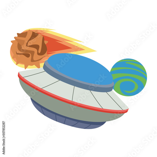flying saucer with Flame meteorite and space planet