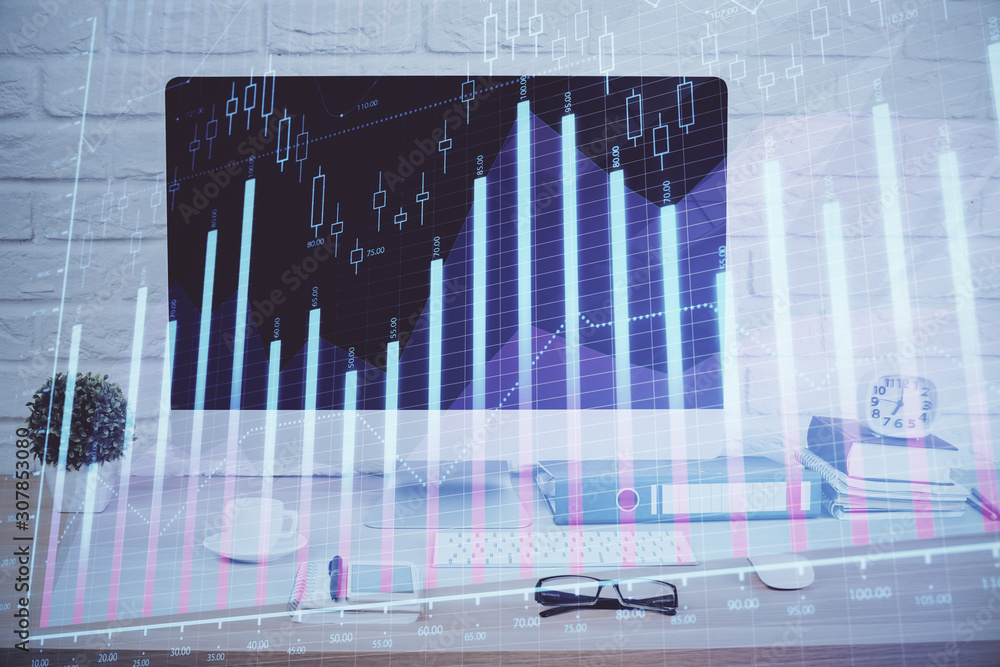 Forex graph hologram on table with computer background. Double exposure. Concept of financial markets.