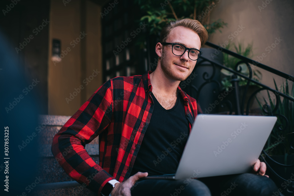 Executive remote worker creating project in street Executive remote worker creating project in street