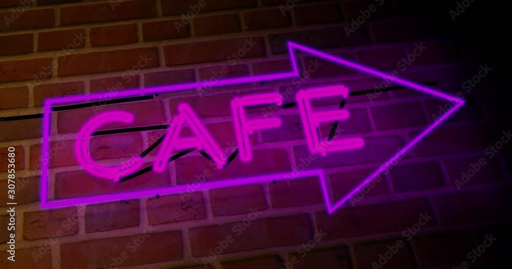 Neon cafe sign illuminated shows diner with food available. Advertising coffee house or breakfast bar - 4k