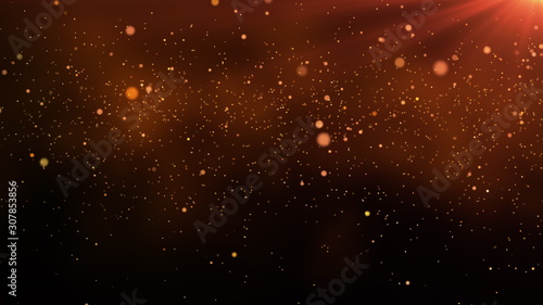 Abstract festive golden particles background. Gold dust floating with flare in slow motion. Christmas and holiday looped 3D render of luxury glowing dust with bokeh, depth of field. 4K background